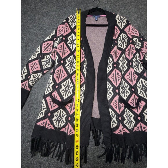 Isaac Mizrahi Live! Boho Cardigan Sweater XL Black Geometric Fringe Open Front - Picture 4 of 6